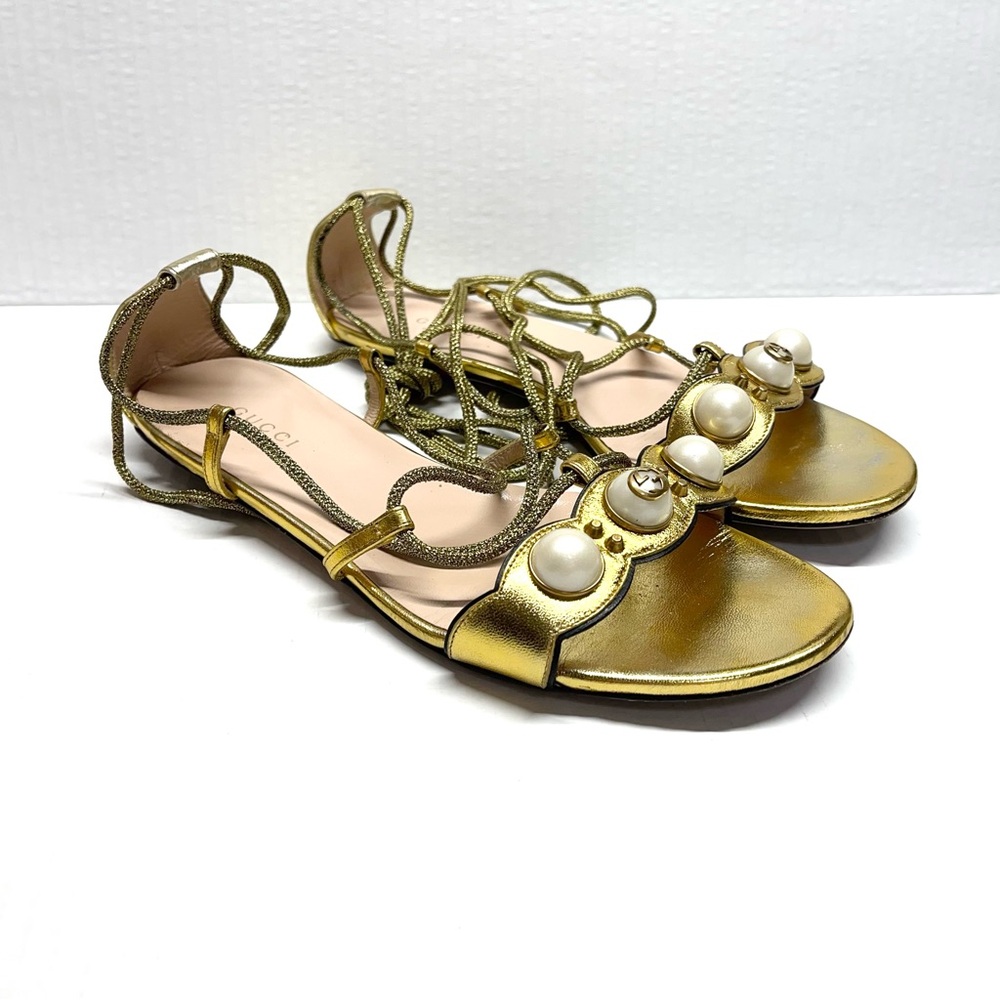 Gucci Willow Embellished Metallic Leather Lace Up Gladiator Sandals Size 38